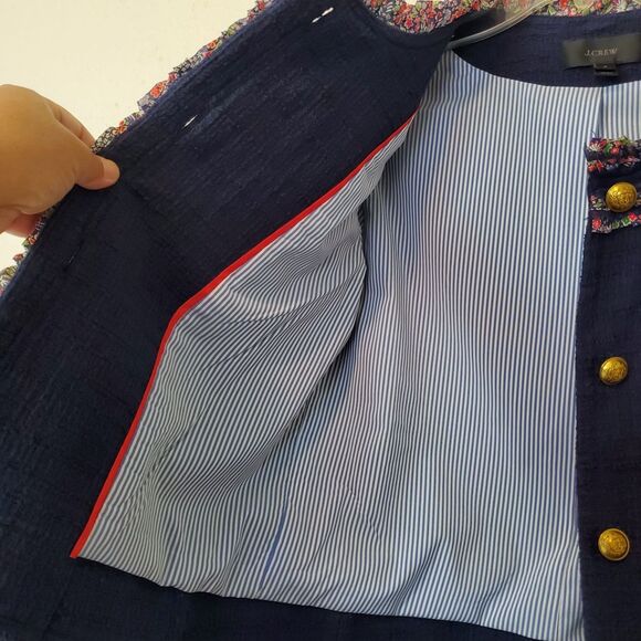 J Crew Lady Jacket Blazer Liberty Floral Trim Tweed Preppy Navy Blue Womens 2 - Picture 7 of 16